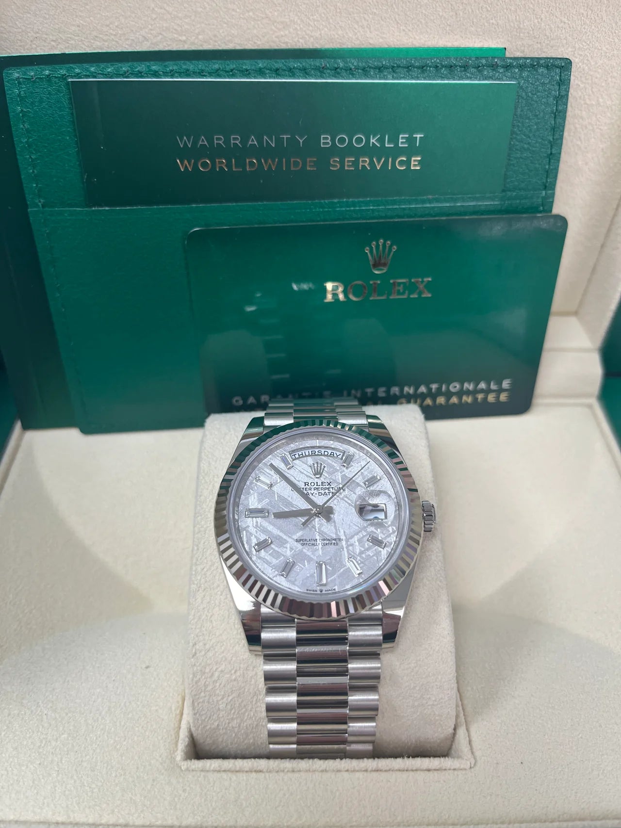 Rolex Day-Date 40 White Gold – Meteorite Baguette Dial – Fluted Bezel (Ref. 228239)