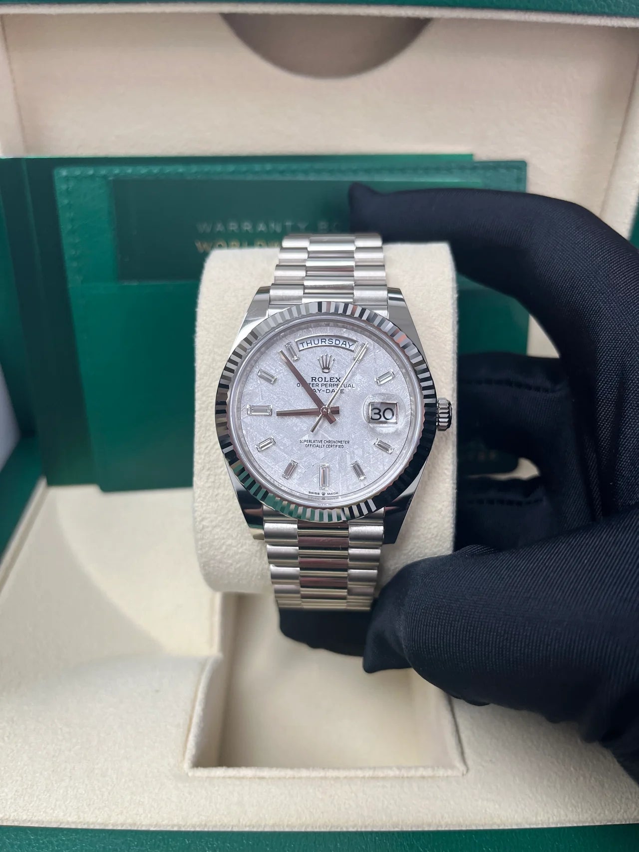 Rolex Day-Date 40 White Gold – Meteorite Baguette Dial – Fluted Bezel (Ref. 228239)