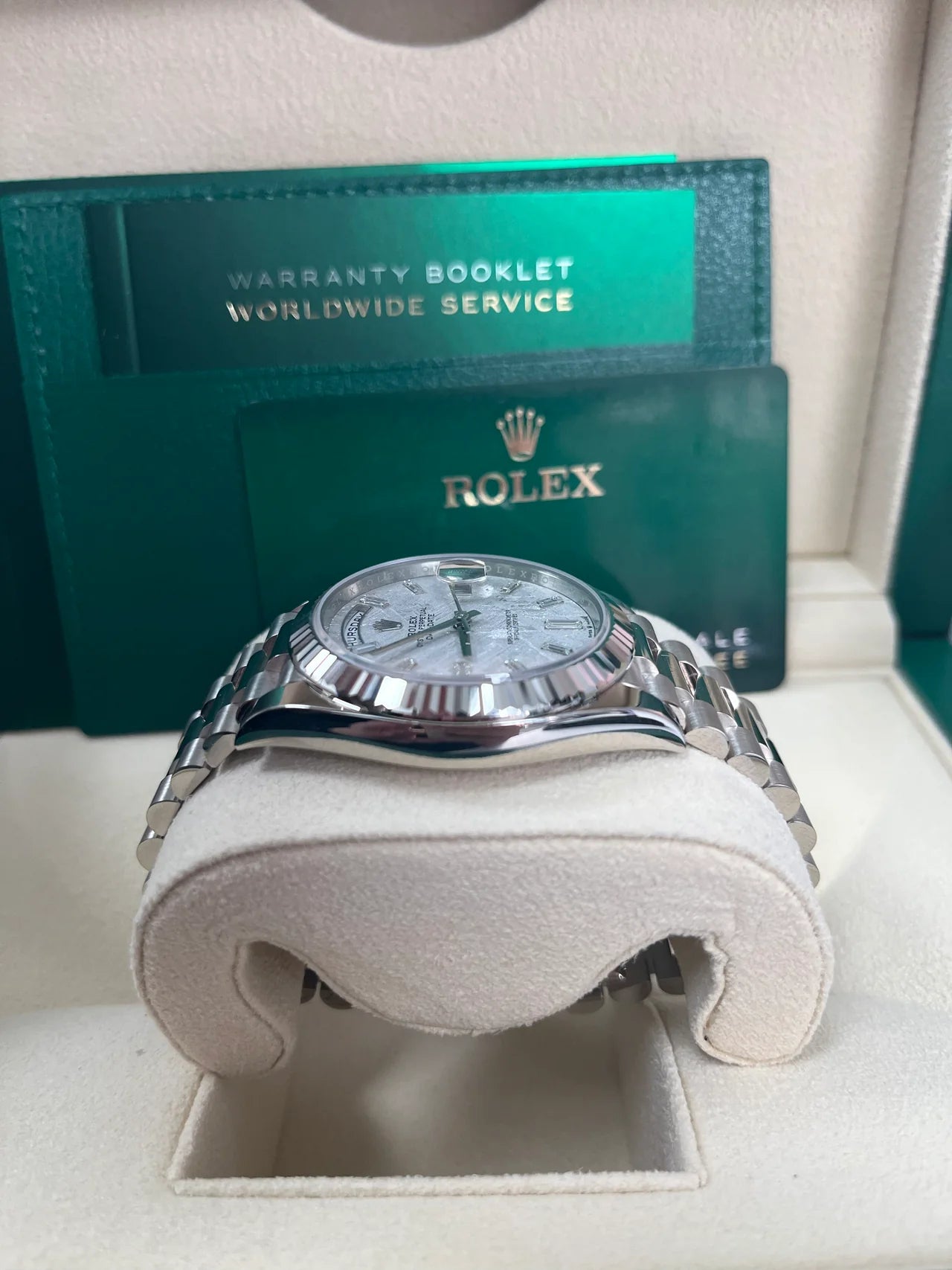 Rolex Day-Date 40 White Gold – Meteorite Baguette Dial – Fluted Bezel (Ref. 228239)