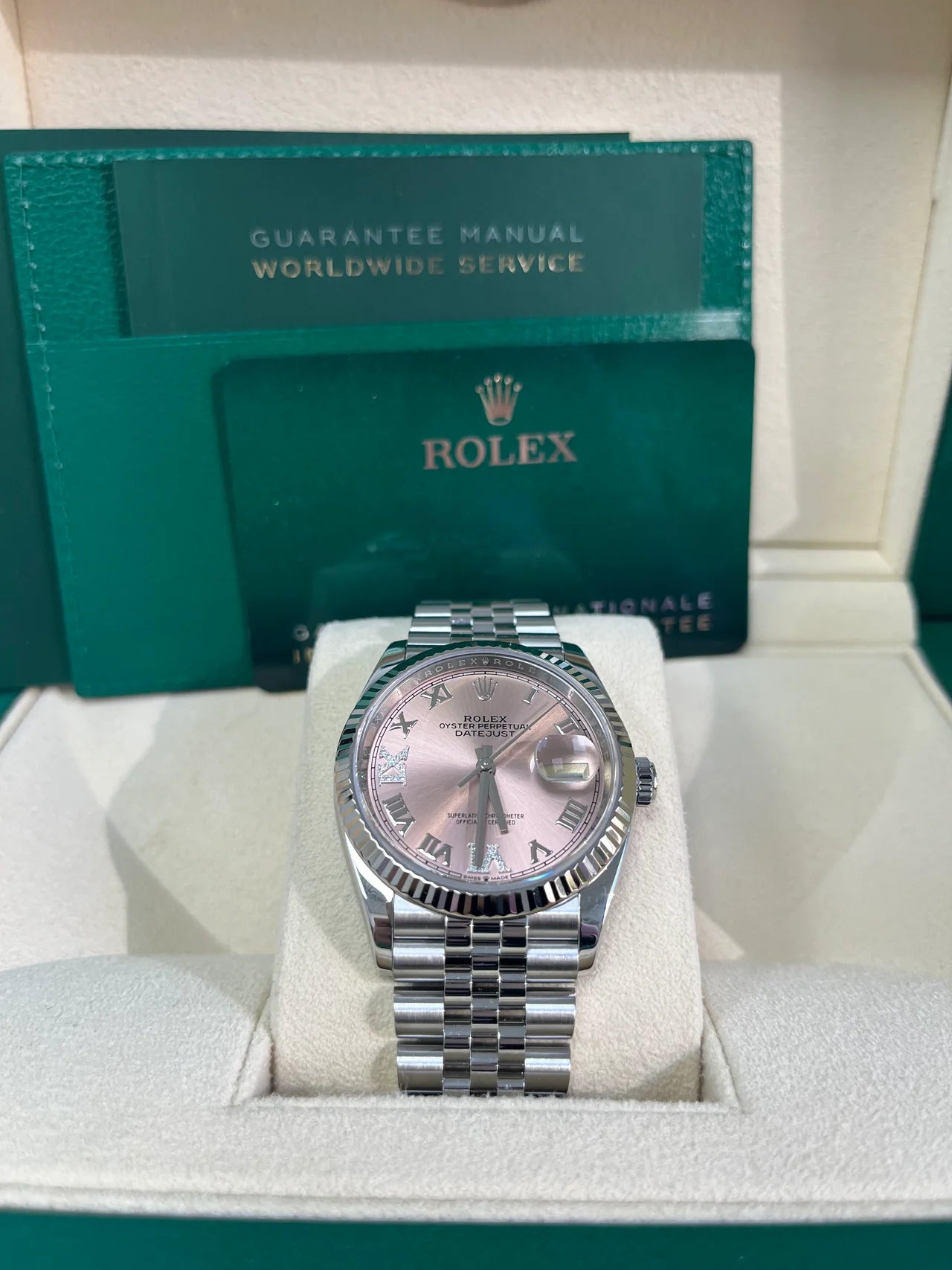 Rolex Datejust 36 – Pink Roman Dial with Diamonds – Fluted Bezel – Jubilee Bracelet (Ref. 126234)