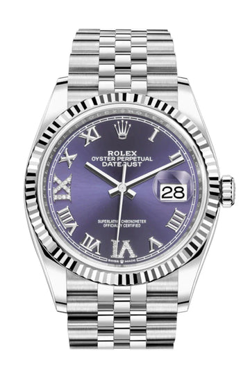 Rolex Datejust 36 – Aubergine Roman Dial with Diamonds – Fluted Bezel – Jubilee Bracelet (Ref. 126234)