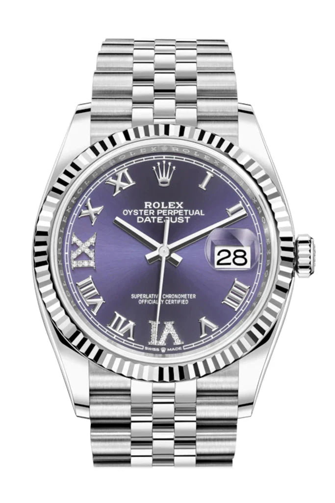 Rolex Datejust 36 – Aubergine Roman Dial with Diamonds – Fluted Bezel – Jubilee Bracelet (Ref. 126234)