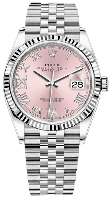 Rolex Datejust 36 – Pink Roman Dial with Diamonds – Fluted Bezel – Jubilee Bracelet (Ref. 126234)