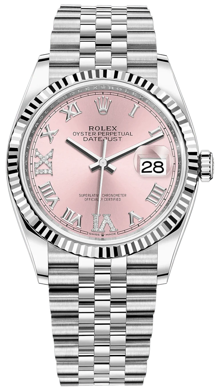 Rolex Datejust 36 – Pink Roman Dial with Diamonds – Fluted Bezel – Jubilee Bracelet (Ref. 126234)