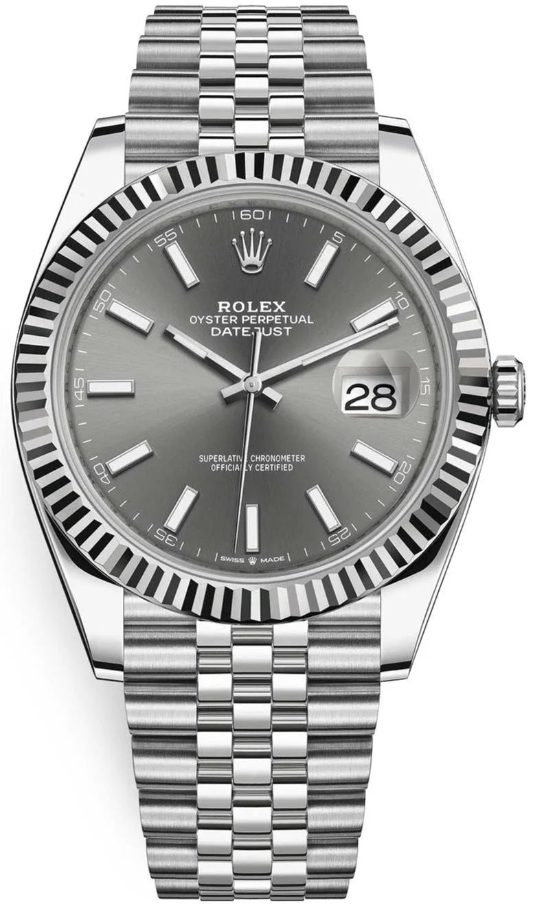 Rolex Datejust 41 – Dark Rhodium Index Dial – Fluted Bezel – Jubilee Bracelet (Ref. 126334)