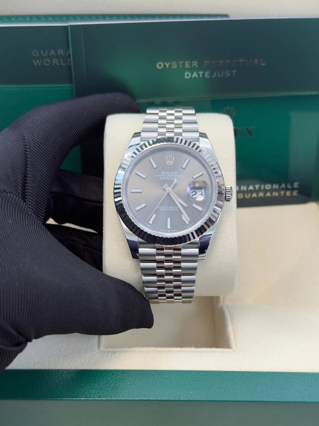 Rolex Datejust 41 – Dark Rhodium Index Dial – Fluted Bezel – Jubilee Bracelet (Ref. 126334)