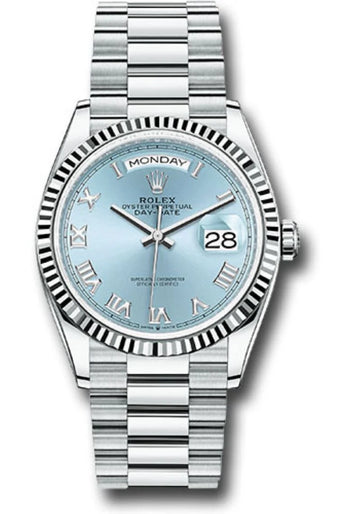 Rolex Day-Date 36 Platinum – Ice Blue Roman Dial – Fluted Bezel (Ref. 128236)