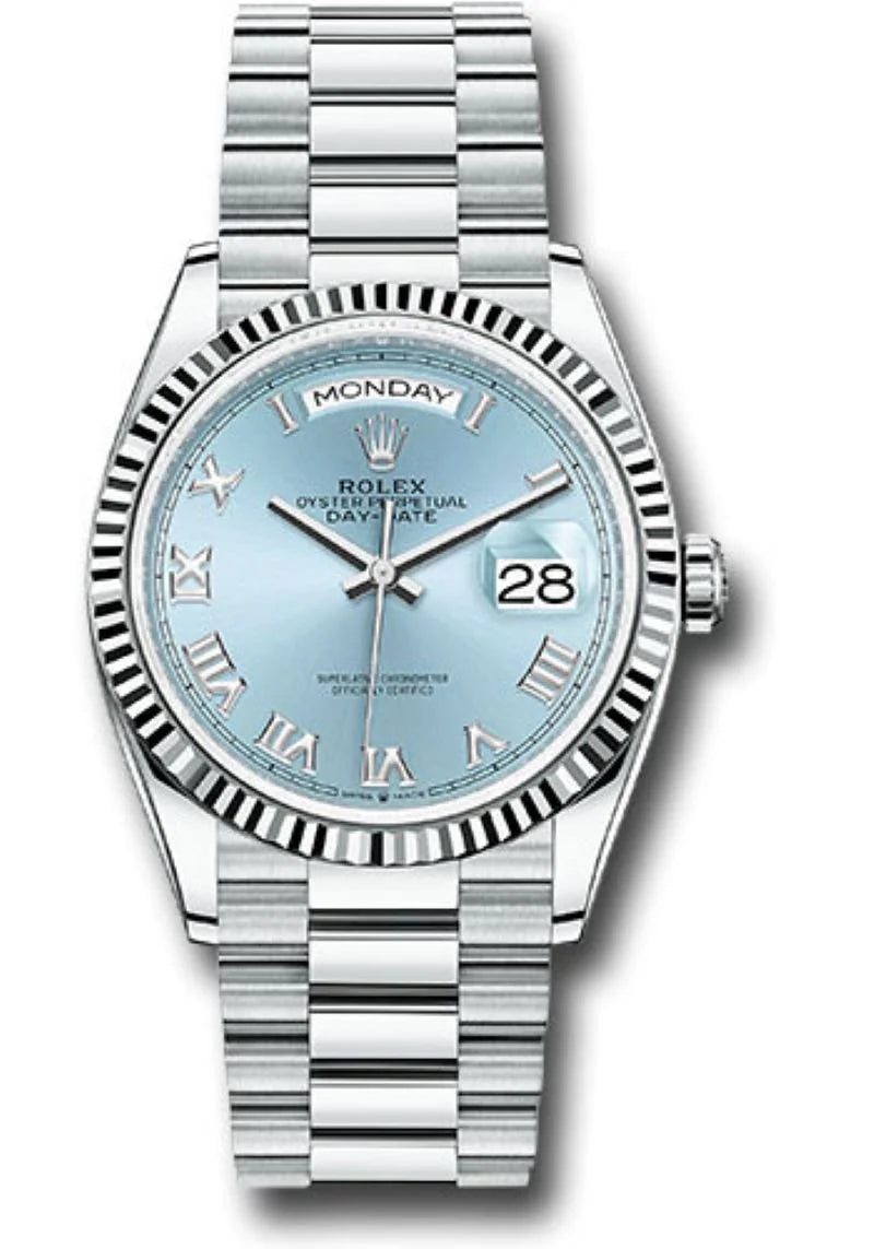 Rolex Day-Date 36 Platinum – Ice Blue Roman Dial – Fluted Bezel (Ref. 128236)