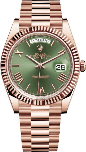 Rolex Day-Date 40 Rose Gold – Olive Green Roman Dial – Fluted Bezel (Ref. 228235)