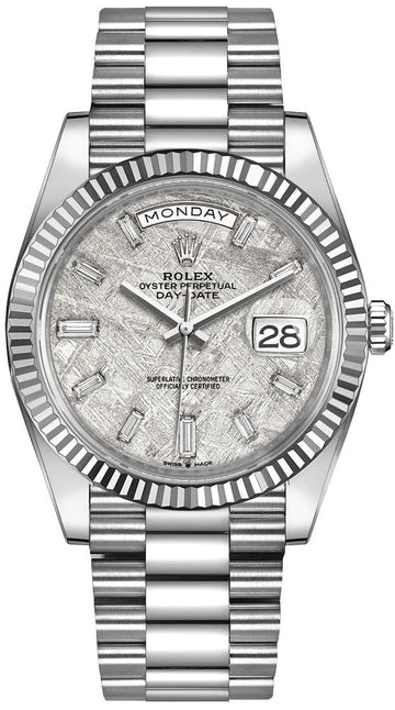 Rolex Day-Date 40 White Gold – Meteorite Baguette Dial – Fluted Bezel (Ref. 228239)