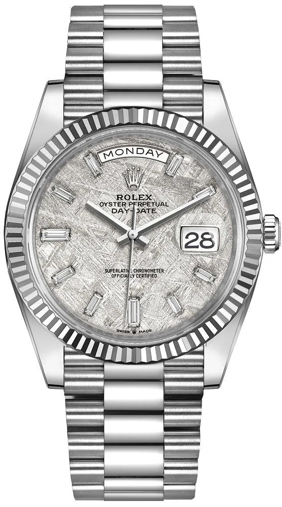 Rolex Day-Date 40 White Gold – Meteorite Baguette Dial – Fluted Bezel (Ref. 228239)