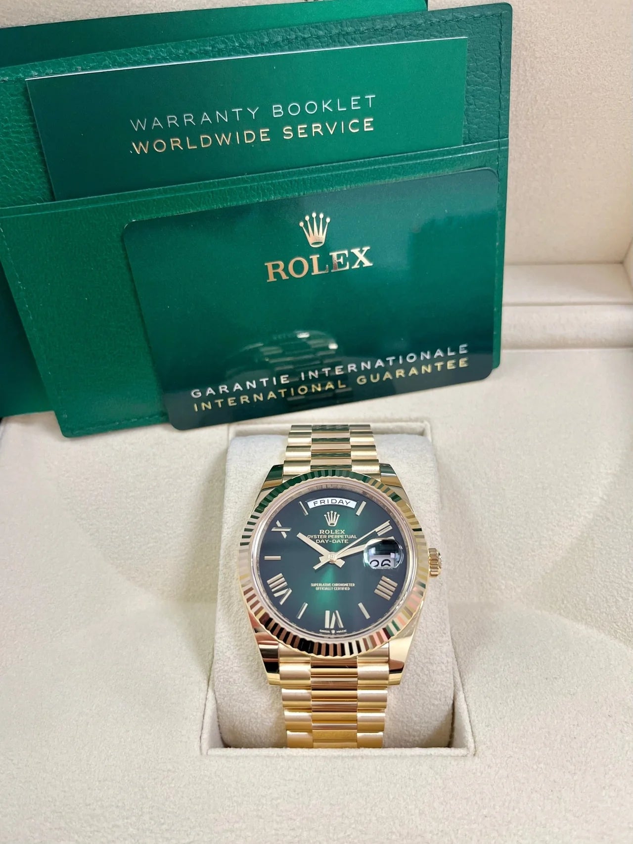 Rolex Day-Date 40 – Ombre Green Dial – 18K Yellow Gold (Ref. 228238)