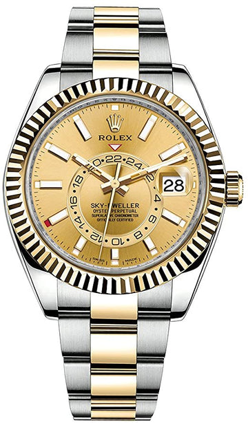 Rolex Sky-Dweller – Champagne Dial – Yellow Gold &amp; Steel – Fluted Bezel – Oyster Bracelet (Ref. 326933)