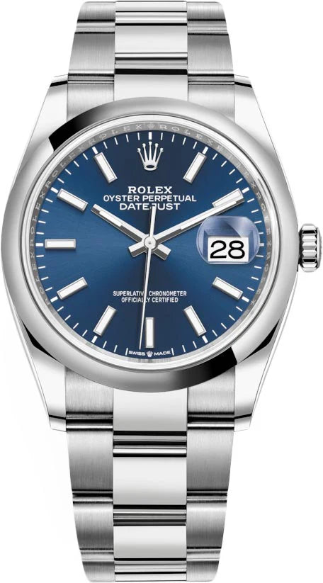 Rolex Steel Datejust 36 Watch – Domed Bezel – Blue Index Dial – Oyster Bracelet